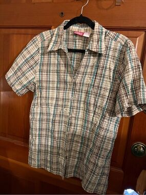 Pappagallo Beige Plaid Short-Sleeve Button-Up with Teal & Brown Stripes